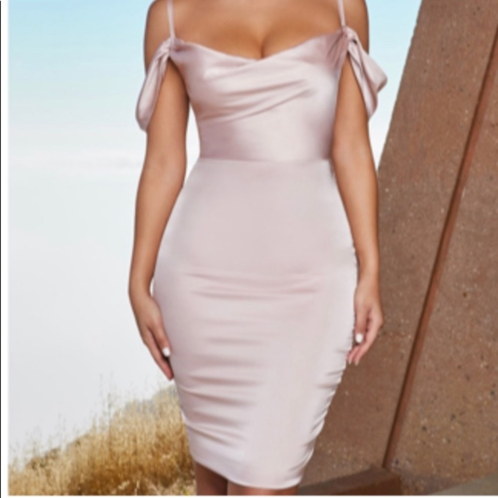 Oh Polly Modern Romance Satin Cowl Neck Knee Length Dress in Blush